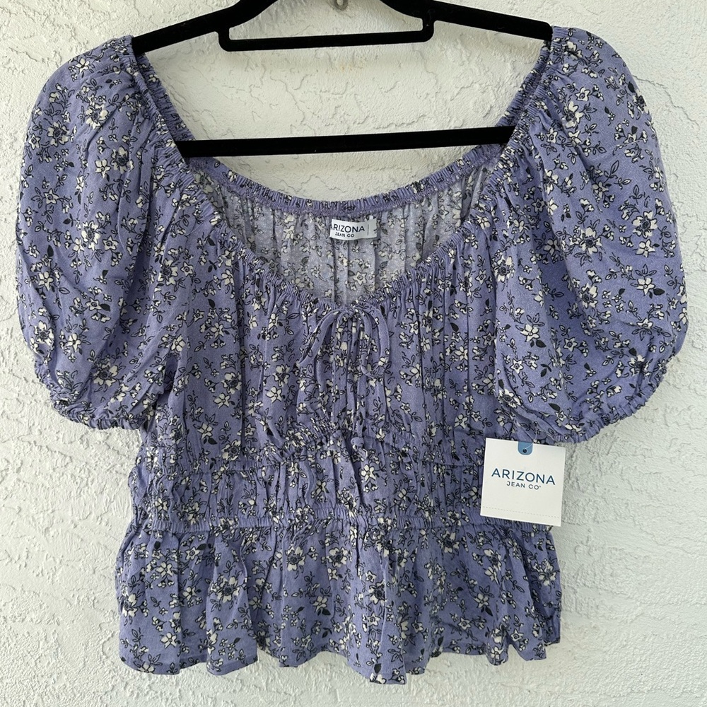 Arizona Jean Co NWT Crop Peasant Blouse Violet Floral Youth Large